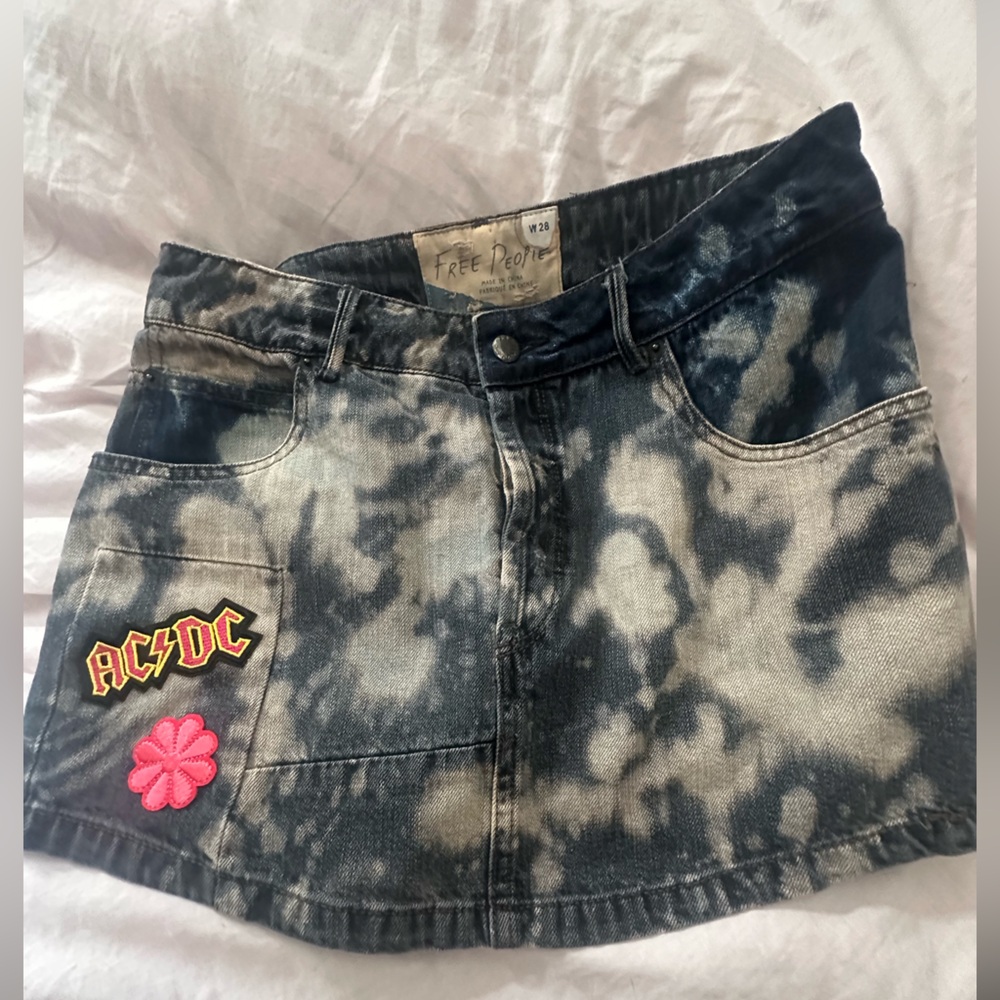 Free people upcycled skirt with AC/DC logo and flower, bleached/distressed sz 28